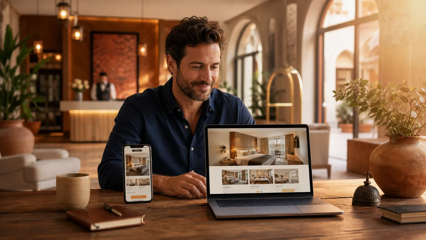 Hotel owner reviewing a direct booking website on laptop and mobile